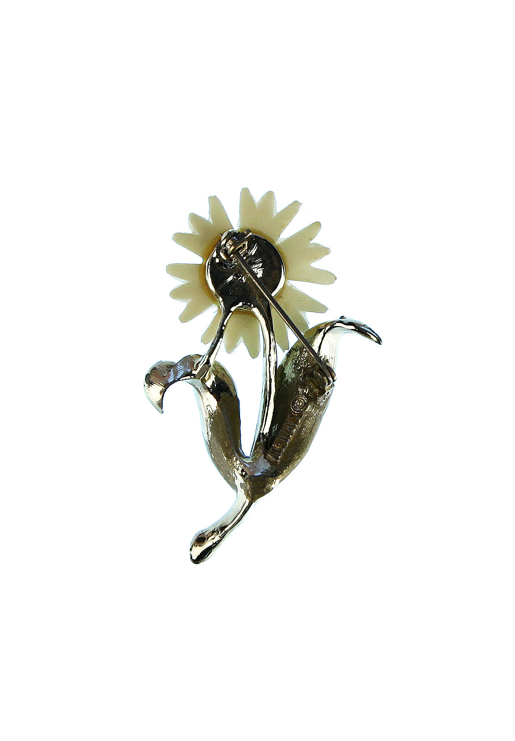 Broche Ancienne Art Nouveau En Bronze Argenté Motif Camomille - Occasion En Bon état
