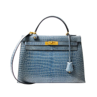 Hermès Kelly 32 Crocodile Blue Jean Bag