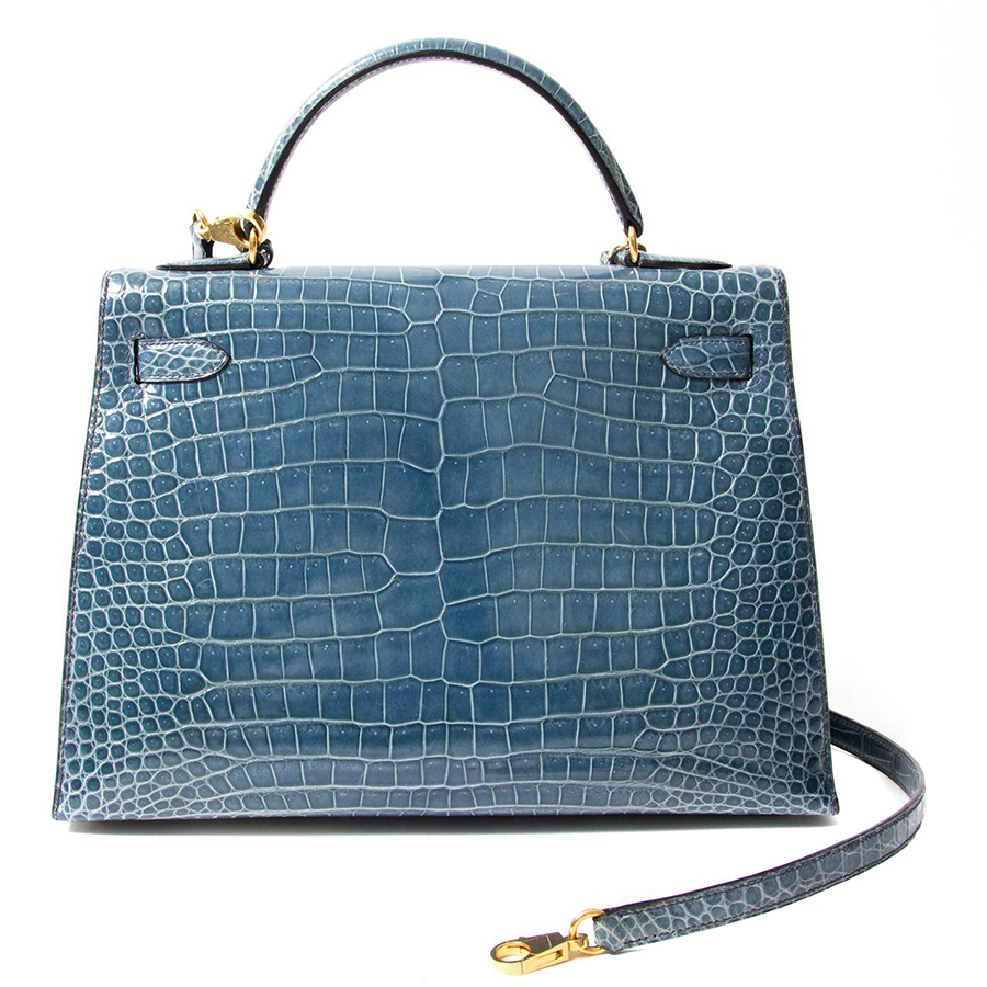Hermès Kelly 32 Crocodile Blue Jean Bag
