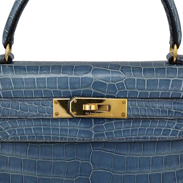 Hermès Kelly 32 Crocodile Blue Jean Bag