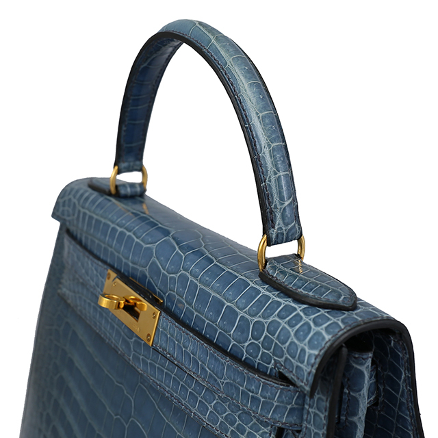 Hermès Kelly 32 Crocodile Blue Jean Bag