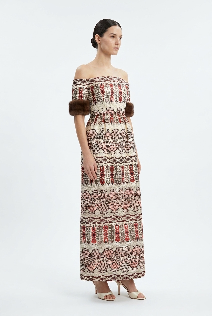 Oscar de la Renta Brocade Dress With Fur Trim