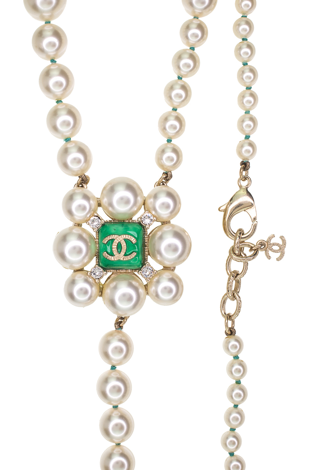 Chanel Pearl Green Gripoix Crystals Necklace