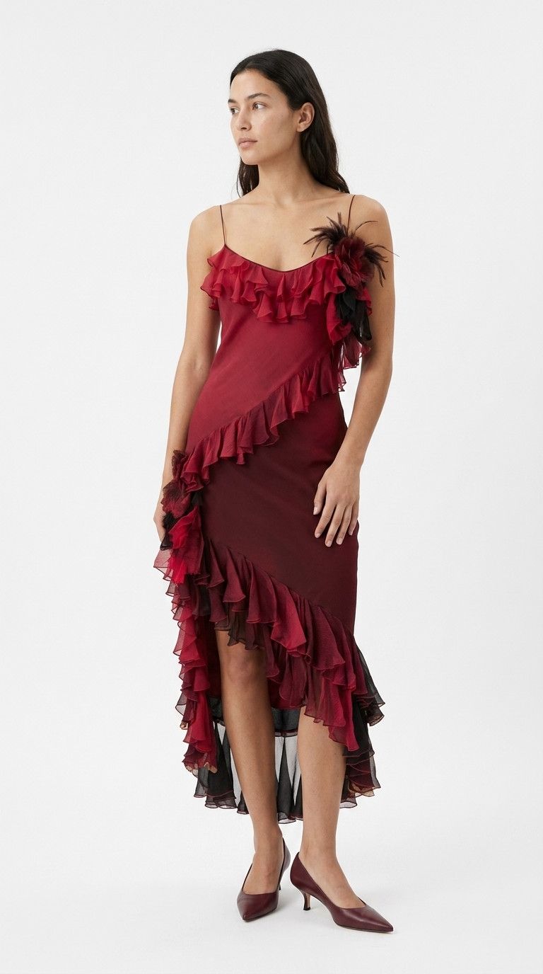 John Galliano Burgundy Dress With Ruffles